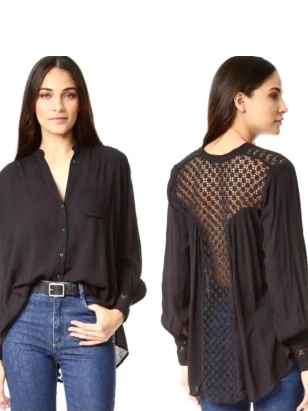 Free People Black Lace-Back Button Front Women's Blouse - size Large
